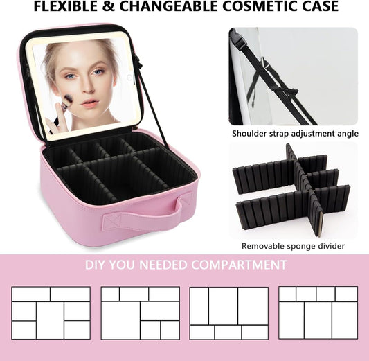 Makeup Bag with Led Mirror,Large Vanity Makeup Cases with 3 Color Setting,Portable Storage and Adjustable Dividers,for Women and Makeup Artists Cosmetic Organizer Travel Makeup Bag-Light Pink