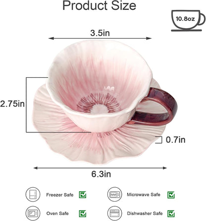 Ceramic Coffee Mug with Saucer Set, 10 Oz Flower Coffee Mug Tea Cup Set for Women, Floral Coffee Latte Mug, Porcelain Fancy Teaware for Birthday Wedding Mother's Day Gift Party (Pink)