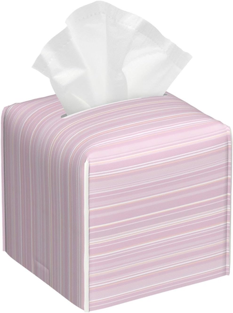 Pastel Light Pink Thin Stripes Pattern Tissue Box Cover Square Pu Leather Waterproof Tissue Box Holder for Car Bathroom Bedroom Office Tabletop Decor