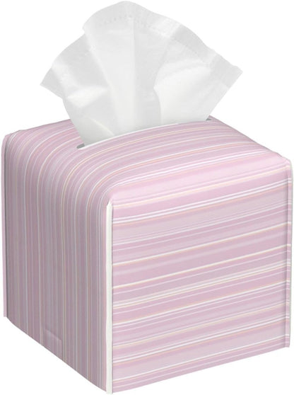 Pastel Light Pink Thin Stripes Pattern Tissue Box Cover Square Pu Leather Waterproof Tissue Box Holder for Car Bathroom Bedroom Office Tabletop Decor