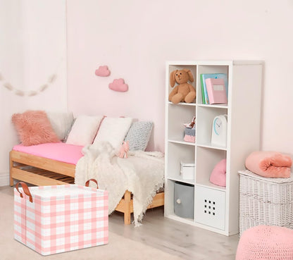 CLOCOR Rectangular Storage Basket,Collapsible Cute Pattern Storage Bin,Waterproof Books Box with Handles,Gift Basket(Pink Grid)