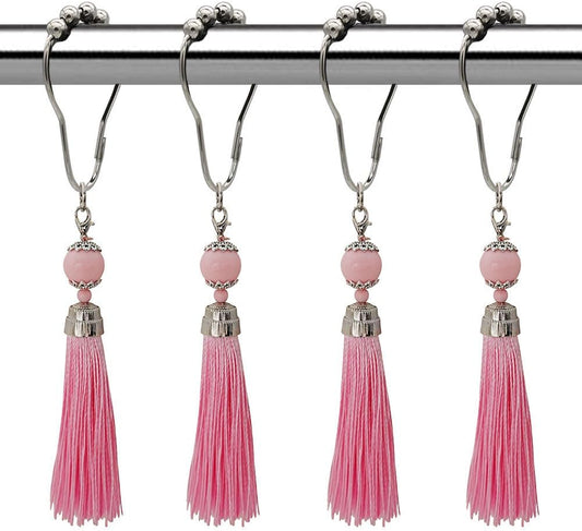 Boho Shower Curtain Hooks Set of 12 for Bathroom, Rustproof Stainless Steel Shower Curtain Rings with Pink Tassel Decorative, Curtain Hanger Clips for Home Bathroom, Bedroom, Baby Room Decor (Pink)