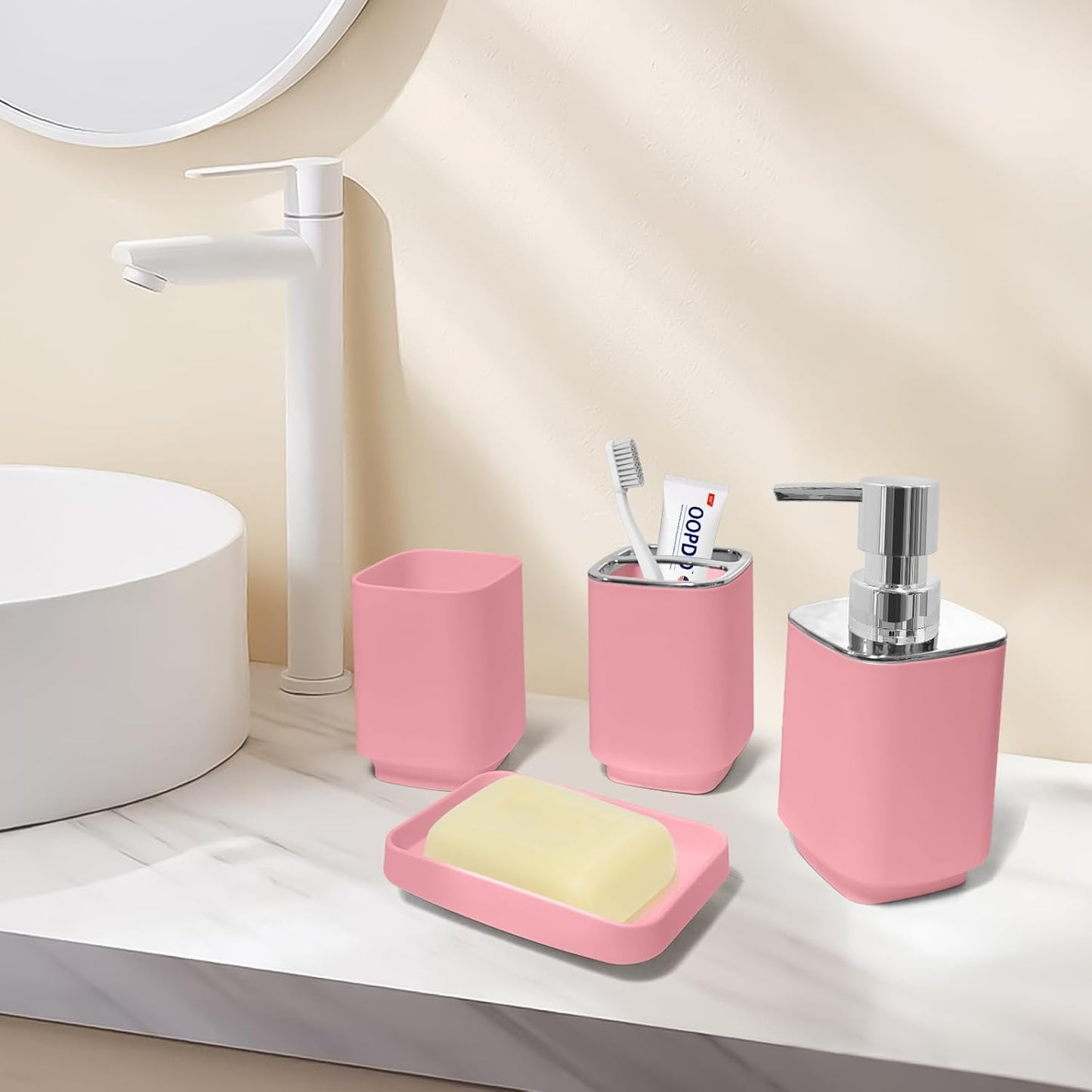 4 Piece Bathroom Accessory Sets, Pink Bathroom Accessories Sets Include Toothbrush Holders Set, Soap Dispenser, Soap Dish and Toothbrush Cup, Modern Bathroom Decoration