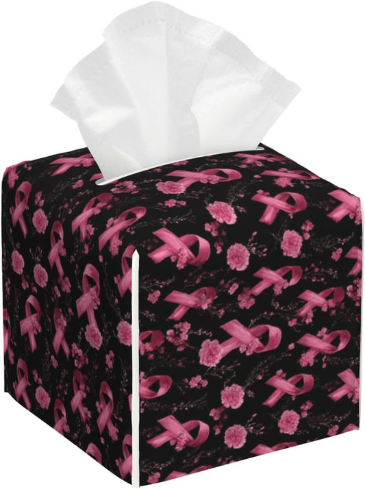 Pink Ribbon Flowers Print Tissue Box Cover Holder Square, Foldable Modern Cube Tissue Box Cover, Leather Decorative Organizer for Tabletop Bathroom Car Office Desk Decor