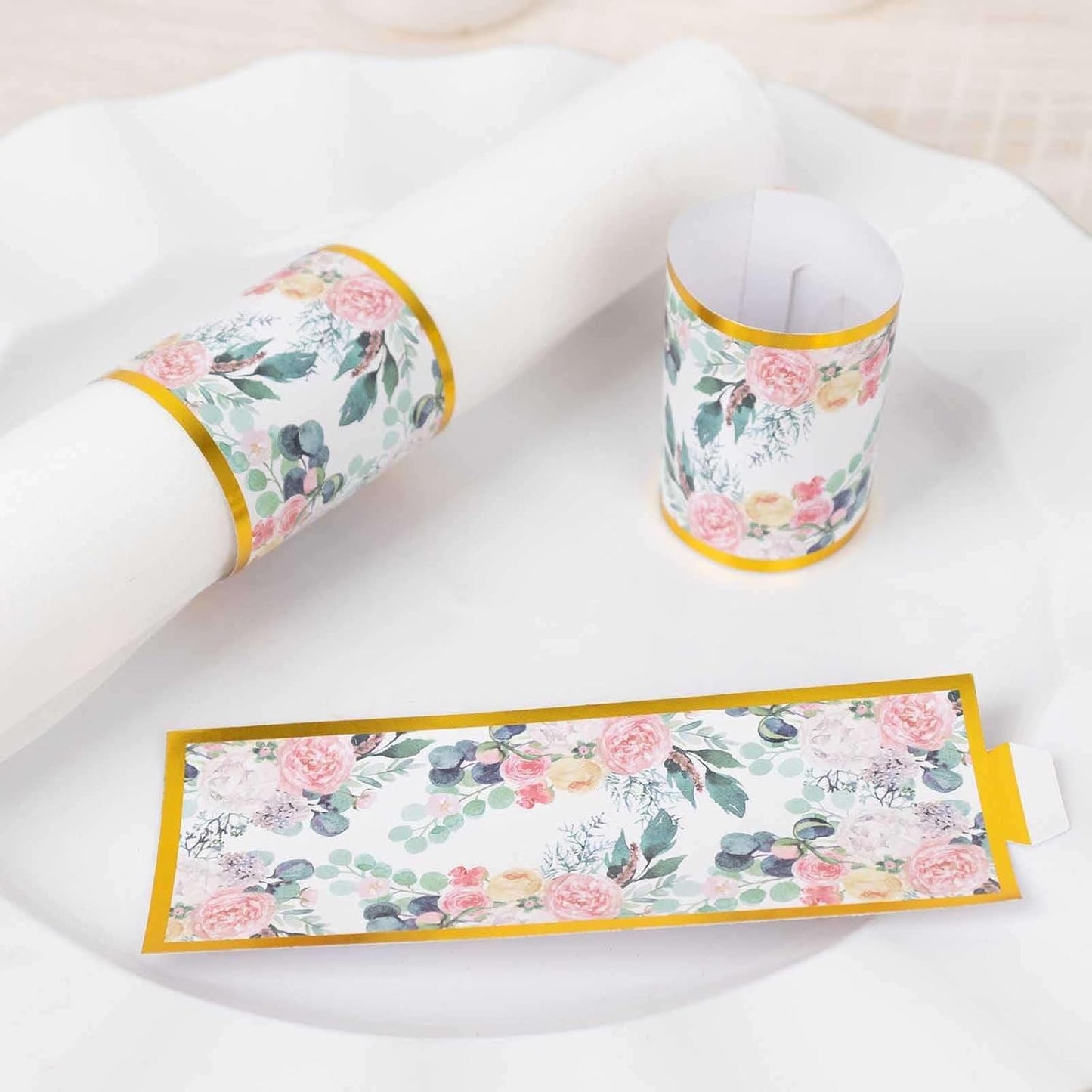 Efavormart 50 Pack Pink Peony Floral Paper Napkin Rings with Gold Edge, Disposable Napkin Holders Bands - 1.5"