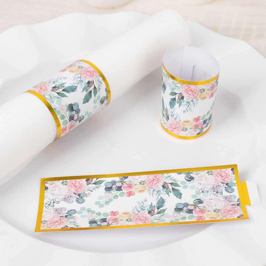 Efavormart 50 Pack Pink Peony Floral Paper Napkin Rings with Gold Edge, Disposable Napkin Holders Bands - 1.5"