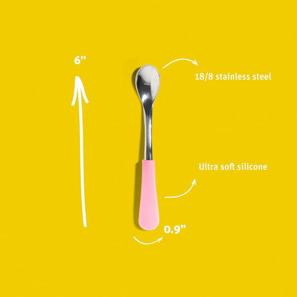 Avanchy Infant Baby Spoons Stainless Steel and Silicone Set, Self Feeding Food Utensils, 4 Months Baby Led Weaning, 2 Pack, Pink
