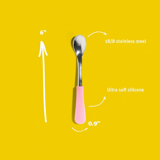 Avanchy Infant Baby Spoons Stainless Steel and Silicone Set, Self Feeding Food Utensils, 4 Months Baby Led Weaning, 2 Pack, Pink