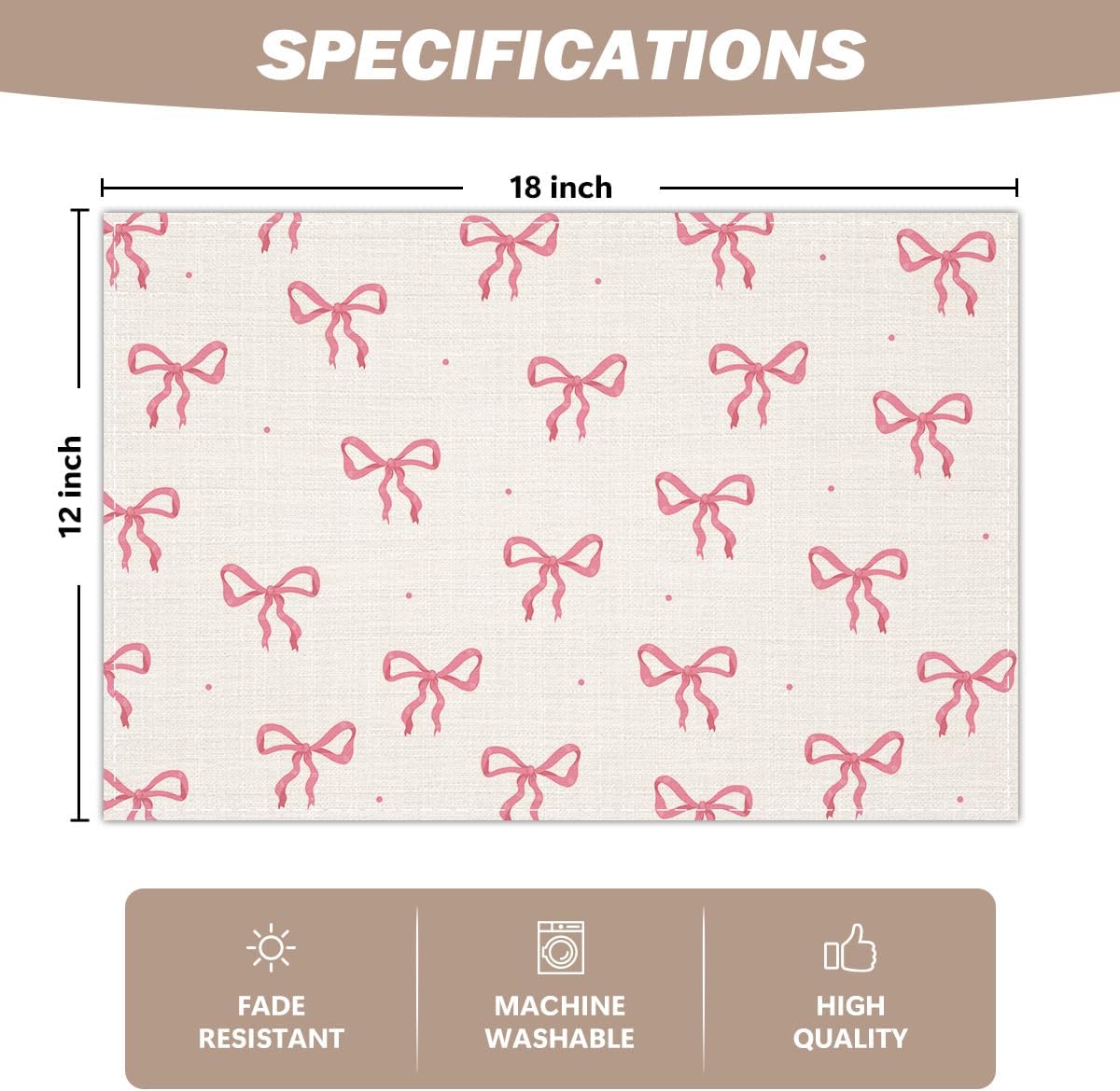 Pink Bow Linen Placemats Set of 4, Cute Waterproof Washable Heat Resistant Place Mats 12x18 Inch, Table Mat for Bridal Shower Wedding Outdoor Indoor Home Kitchen Birthday Party Dining Decoration-13
