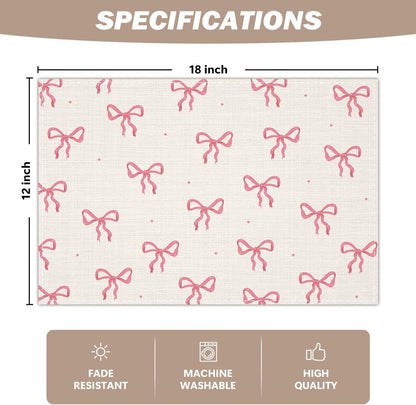 Pink Bow Linen Placemats Set of 4, Cute Waterproof Washable Heat Resistant Place Mats 12x18 Inch, Table Mat for Bridal Shower Wedding Outdoor Indoor Home Kitchen Birthday Party Dining Decoration-13