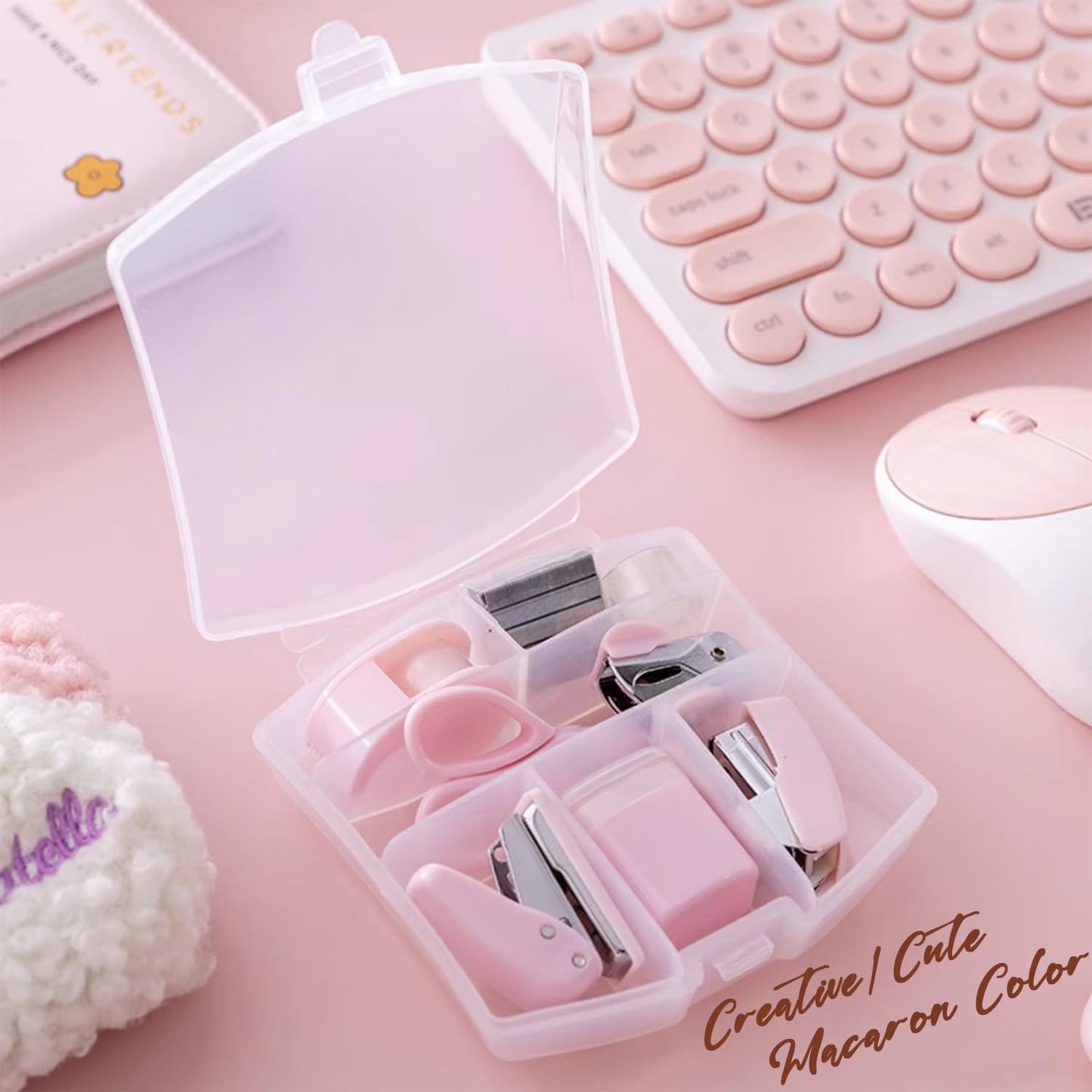 Mini Office Supply Kits Mini School Supplies – Includes Mini Stapler,Scissors, Staple Remover, Staples, Tape Dispenser (Pink)