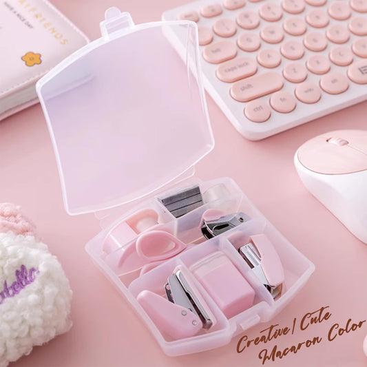 Mini Office Supply Kits Mini School Supplies – Includes Mini Stapler,Scissors, Staple Remover, Staples, Tape Dispenser (Pink)