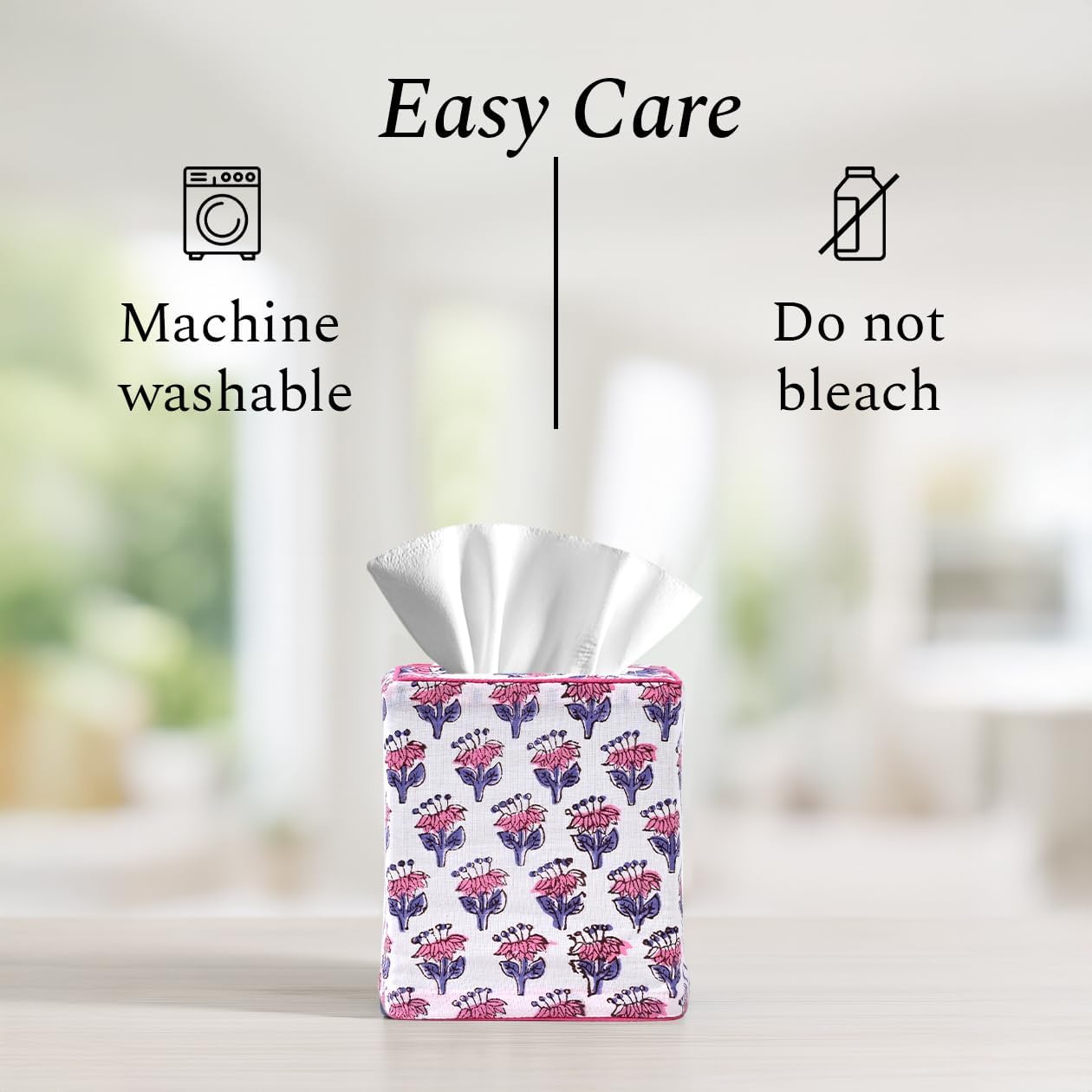 CPC Pink Sapphire Hand Block Printed Cotton Tissue Box Cover 5" x 5" x 5.5" Square Soft Reusable Boho Napkin Holder for Home Kitchen Dining Bathroom Office Cafe Spa, Gift for Spring, Mother's Day