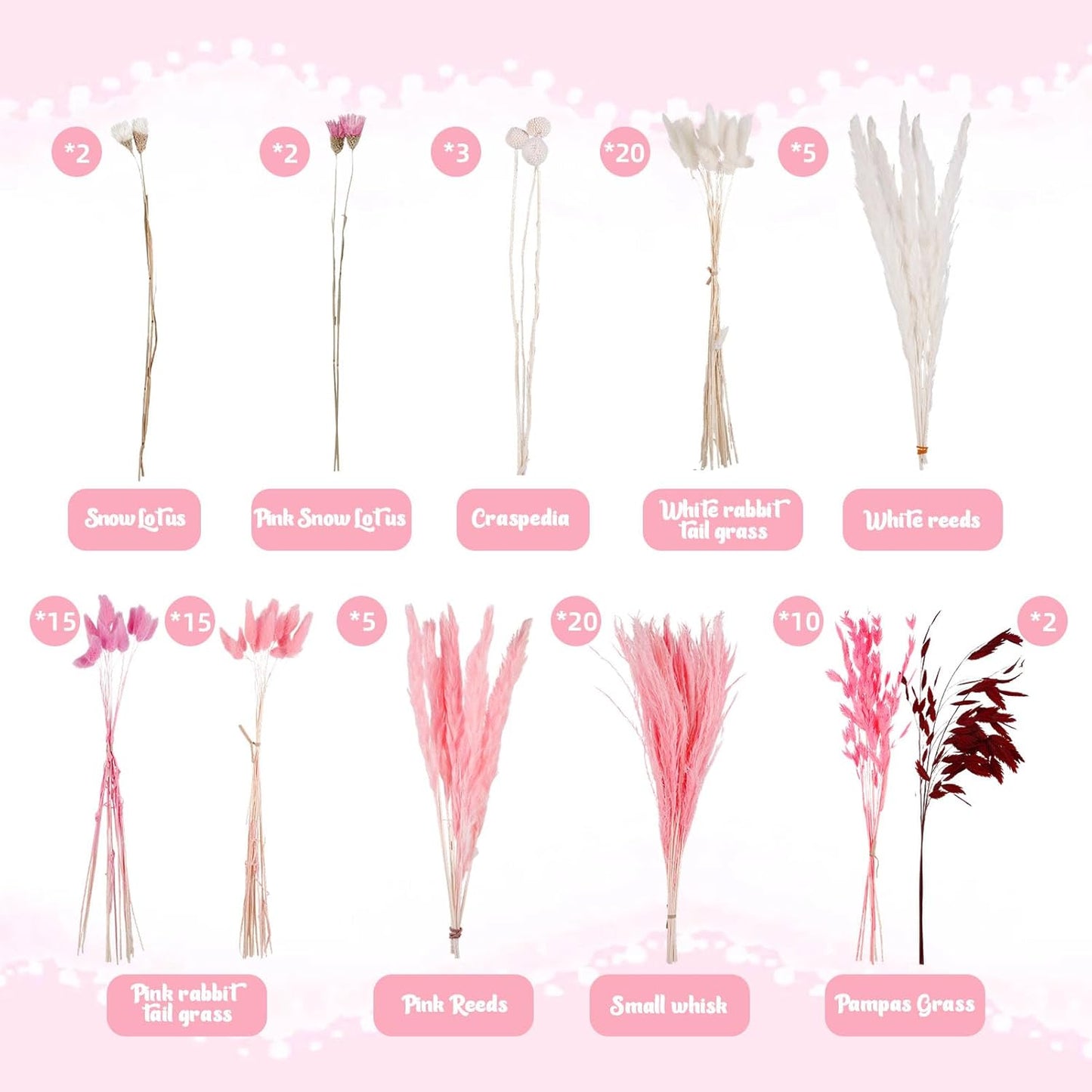 97 Pcs Pink White Dried Boho Floral Arrangement Bunny Tail Grass Pampas Decor Set Natural Wheat Stems Rustic Home Wedding Centerpiece Bouquet DIY Room Decor