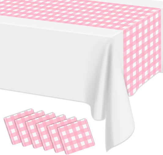 6 Pack Pink Gingham Table Runner, Pink and White Checkered Tablecloths 14 x 108 Inches Rectangular Waterproof Picnic Table Runner for Birthday Party Holiday Outdoor Supplies