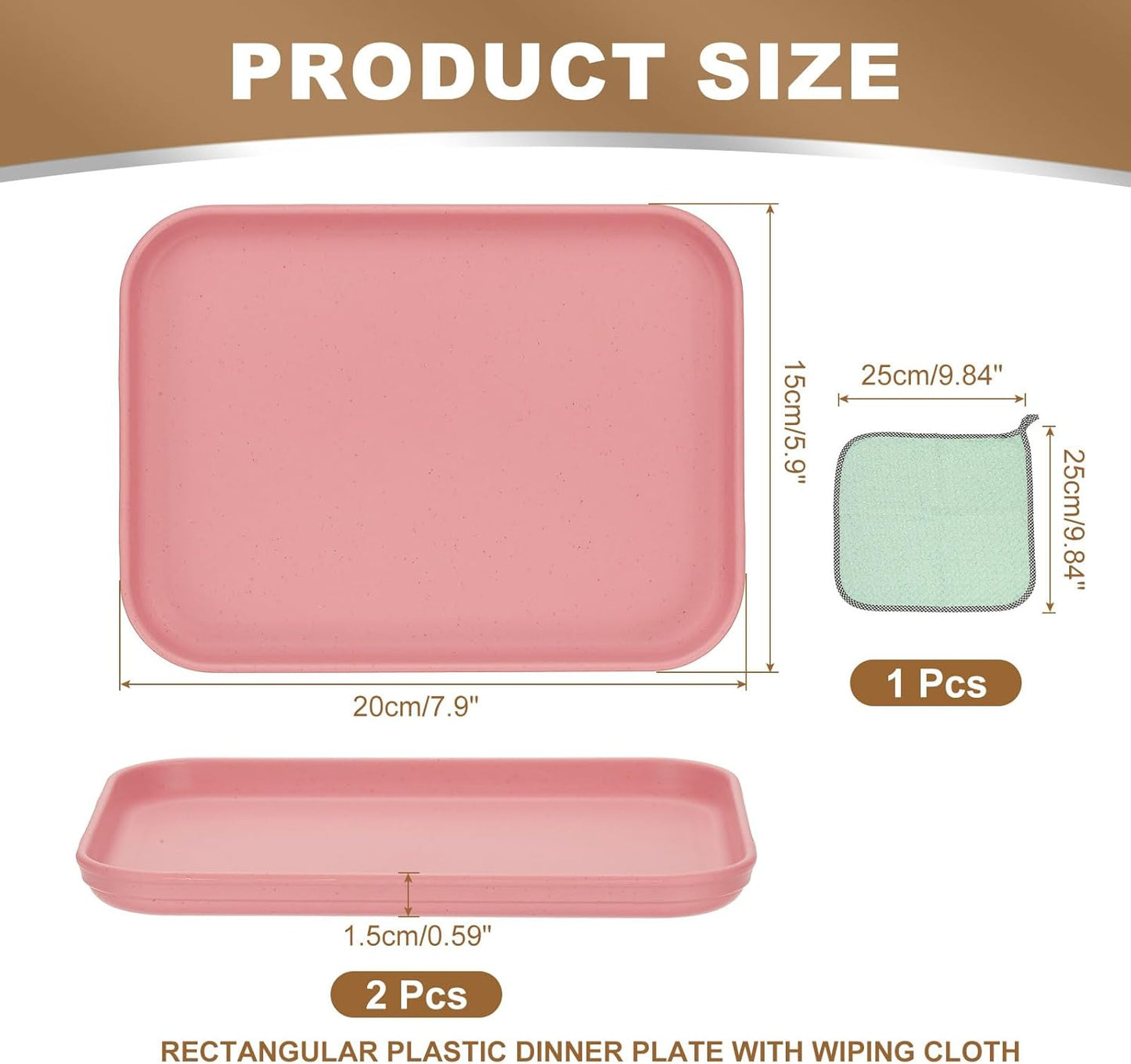 PATIKIL 7.9x5.9 Plastic Tray, 2 Pack Rectangular Plates Small Food Tray Wheat Plates Dishes Reusable Dessert Plate Trays with Cloth for Cake Fruits Salad Cupcake Steak Serving Pink