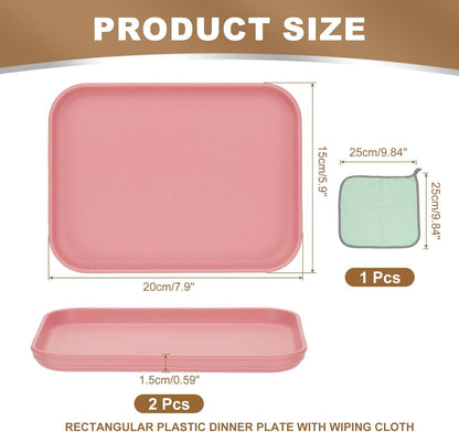 PATIKIL 7.9x5.9 Plastic Tray, 2 Pack Rectangular Plates Small Food Tray Wheat Plates Dishes Reusable Dessert Plate Trays with Cloth for Cake Fruits Salad Cupcake Steak Serving Pink