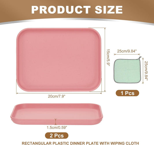 PATIKIL 7.9x5.9 Plastic Tray, 2 Pack Rectangular Plates Small Food Tray Wheat Plates Dishes Reusable Dessert Plate Trays with Cloth for Cake Fruits Salad Cupcake Steak Serving Pink