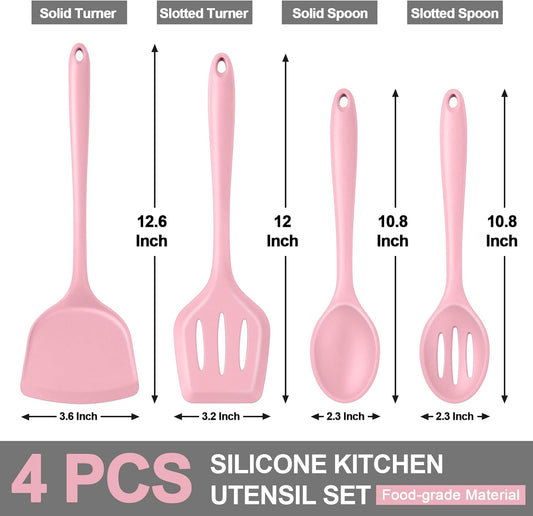 P&P CHEF Kitchen Utensil Set, 4 Pieces Non-stick Silicone Cooking Utensils, Heat-resistant Slotted Solid Spoon Turner for Frying, Mixing, Serving, Non-toxic & Easy to Clean, Pink