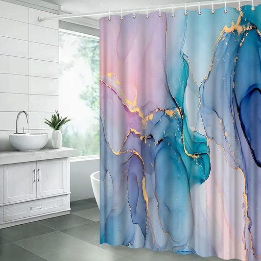 Teal Pink Marble Shower Curtain Modern Abstract Blue Marble Texture Gold Stripes Elegant Luxury Fabric Decor Bathroom Curtain Set with Hooks