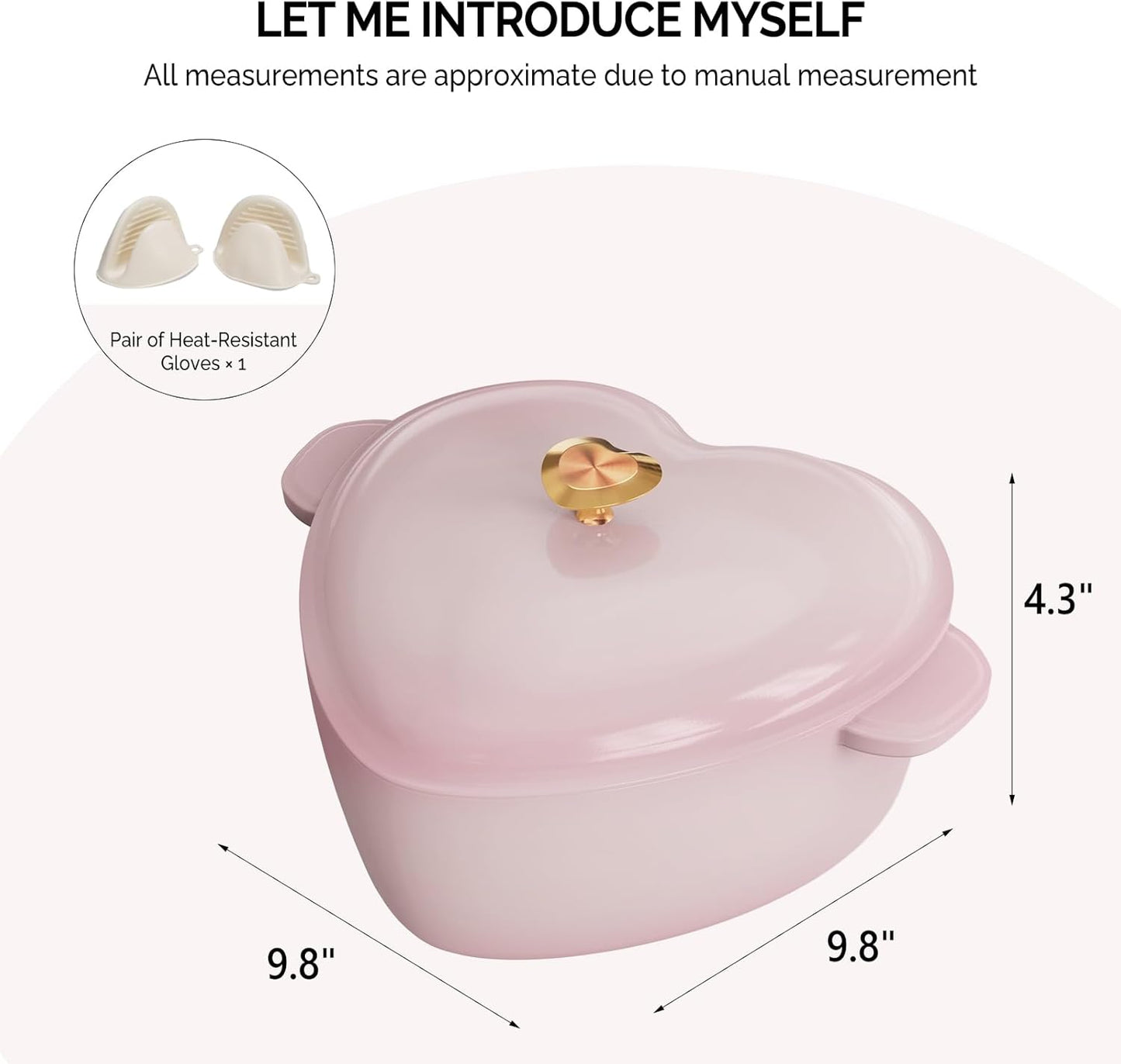 Enameled Cast Iron Heart-Shaped Pot with Lid, Dual Handles, Works on All Stovetops, Oven Safe to 500°F, 4-Quart, Pink,Include Two Silicone Oven mitts