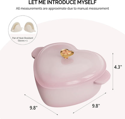 Enameled Cast Iron Heart-Shaped Pot with Lid, Dual Handles, Works on All Stovetops, Oven Safe to 500°F, 4-Quart, Pink,Include Two Silicone Oven mitts