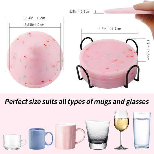 Silicone Coasters with Holder, Cute Drink Coaster for Nightstand, Glow in Dark, Gift Idea,Cup Coaster for Drinks, Desk Coasters in Office，Sprinkle Coaster, Rubber Coaster Set, 6 pcs, Pink