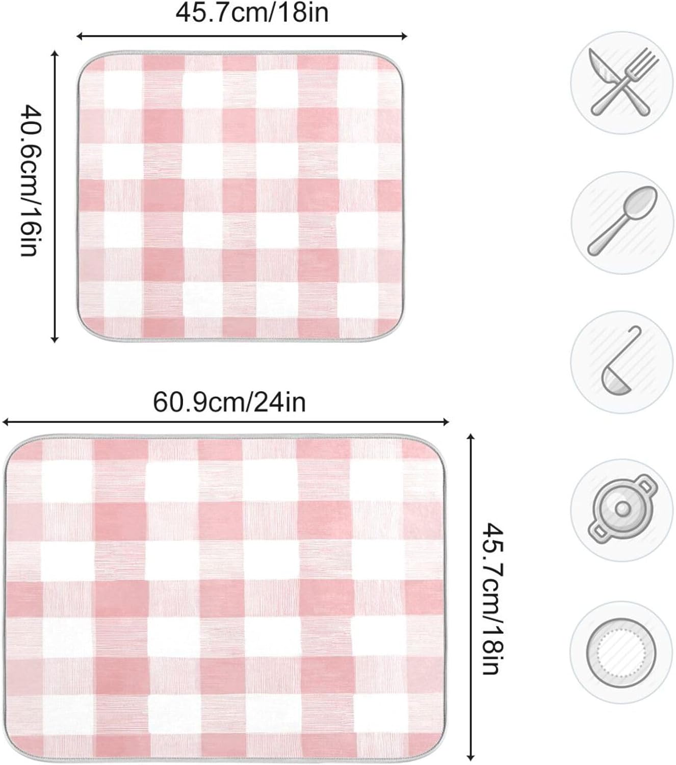Dish Drying Mat for Kitchen Counter Absorbent Quick Dry Foldable Washable Coffee Bar Mat Dish Drying Pad 16x18in Pinks and White Checkered