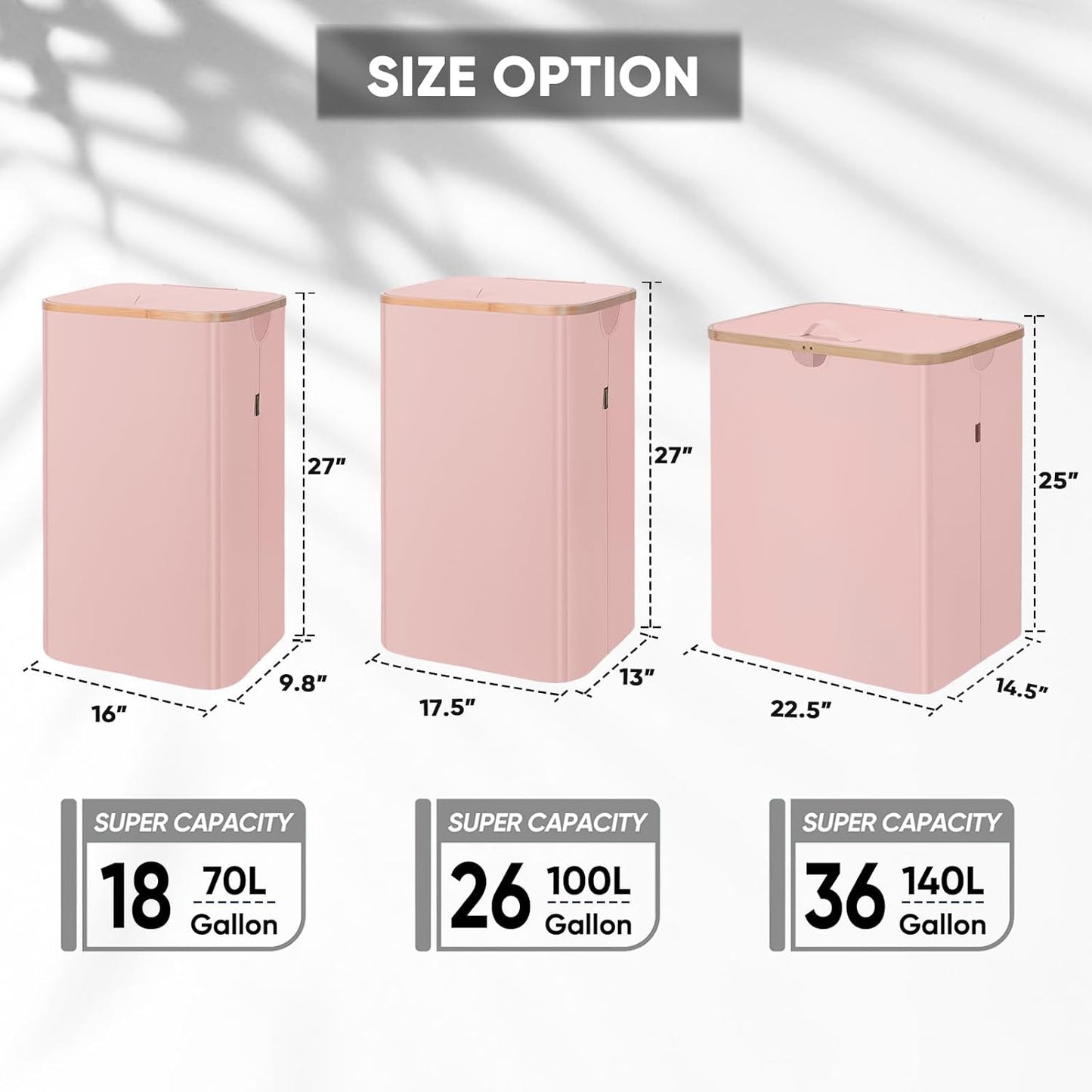 BALEINE Laundry Hamper with Lid, Tall Laundry Baskets with Bamboo Pull Handles, Large Laundry Bin with Internal Support (18 Gal/70L, Pink)
