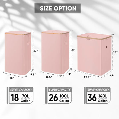 BALEINE Laundry Hamper with Lid, Tall Laundry Baskets with Bamboo Pull Handles, Large Laundry Bin with Internal Support (18 Gal/70L, Pink)