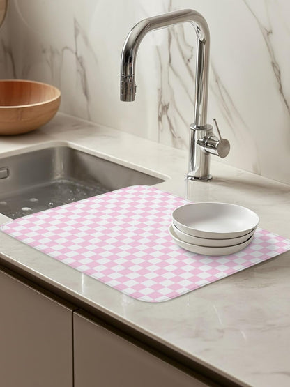 Dish Drying Mat for Kitchen Counter,Pastoral Pink White Buffalo Check Absorbent Microfiber Drainer Rack Pad Modern Geometric Plaid Quick Dry Mat for Sinks Dishes Utensils 18x24in,1 Pack