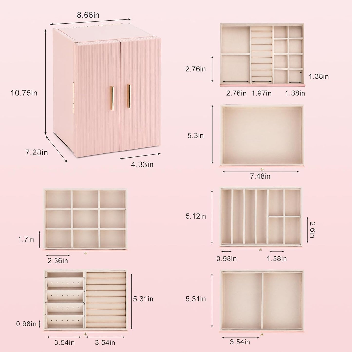 Dajasan Large Jewelry Organizer Box, 6-Tier Jewelry Storage Case with 5 Drawers, Jewelry Boxes for Women Girls with Mirror, Double Door, Textured PU Leather, Gift Idea, Stylish (Pink + Gold)