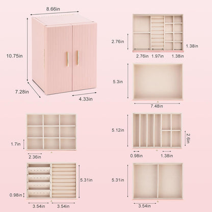 Dajasan Large Jewelry Organizer Box, 6-Tier Jewelry Storage Case with 5 Drawers, Jewelry Boxes for Women Girls with Mirror, Double Door, Textured PU Leather, Gift Idea, Stylish (Pink + Gold)