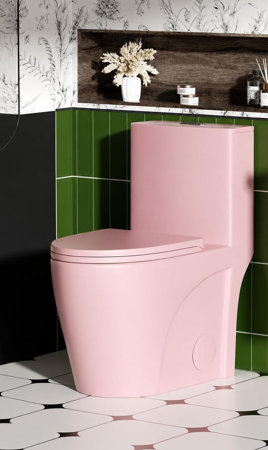 HRVEOCEI Dual Flush One Piece Toilets for Bathrooms, Compact Pink Toilet Elongated with Soft Closing Seat, Modern 12 Inch Rough in Toilet, Map 1000g, Comfort Height, Silent Design (Pink+31H)