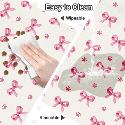 Pink Bow Dog Food Mat for Pet Cat Food Mat, Paws Absorbent Quick Dry Dog Bowl Mats for Food and Water, Non-Slip Cat Pet Feeding Mats for Floor Placemats 12"x20"
