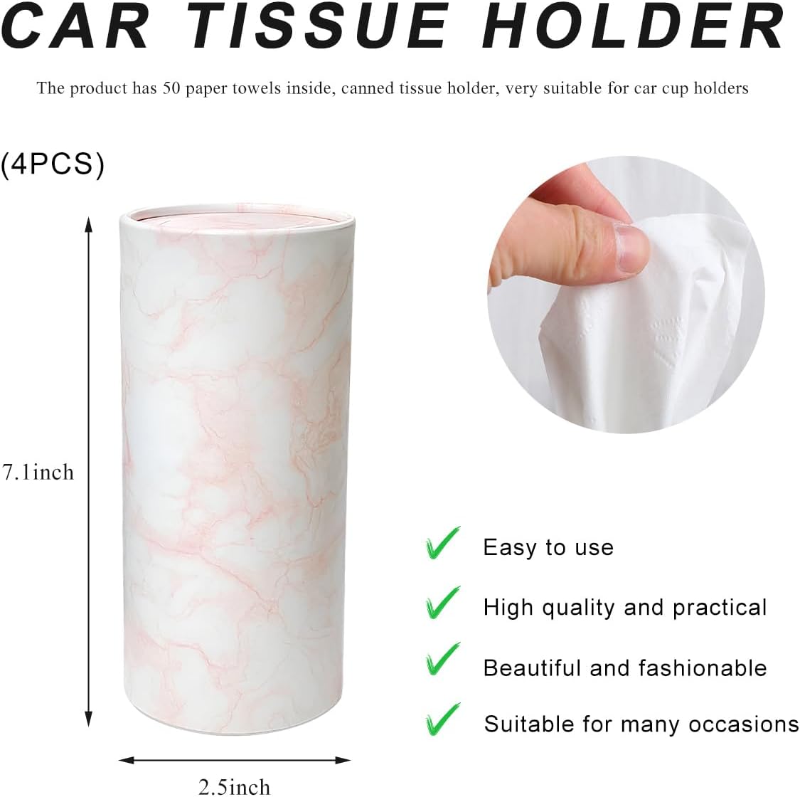 4PCS Car Tissue Holder, Car Cup Holder Convenient Travel Tissue Tube Box with Facial Tissues, Portable Round Tissues Holder Paper Towel Cylinder for Car Home Office (Marble Pink)