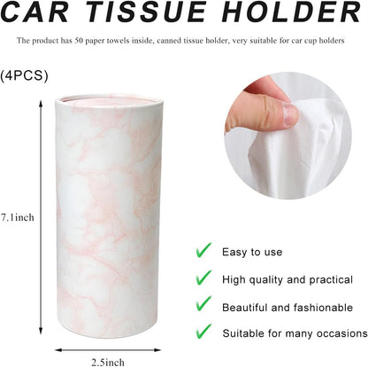 4PCS Car Tissue Holder, Car Cup Holder Convenient Travel Tissue Tube Box with Facial Tissues, Portable Round Tissues Holder Paper Towel Cylinder for Car Home Office (Marble Pink)