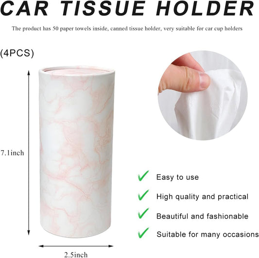4PCS Car Tissue Holder, Car Cup Holder Convenient Travel Tissue Tube Box with Facial Tissues, Portable Round Tissues Holder Paper Towel Cylinder for Car Home Office (Marble Pink)