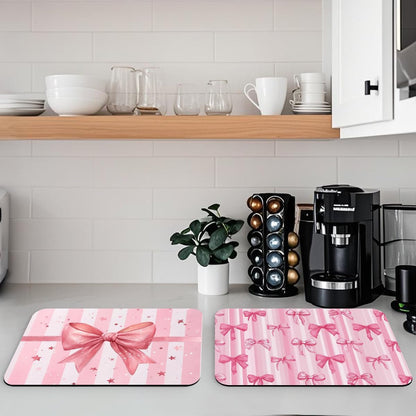 Pink Bow Dish Drying Mat for Kitchen Counter 2 Pack Bowknot Cute Dreamy Ribbon Romantic Absorbent Draining Pad, Non-Slip Coffee Bar Mats for Coffee Machine Station Accessories 12"L x 20"W