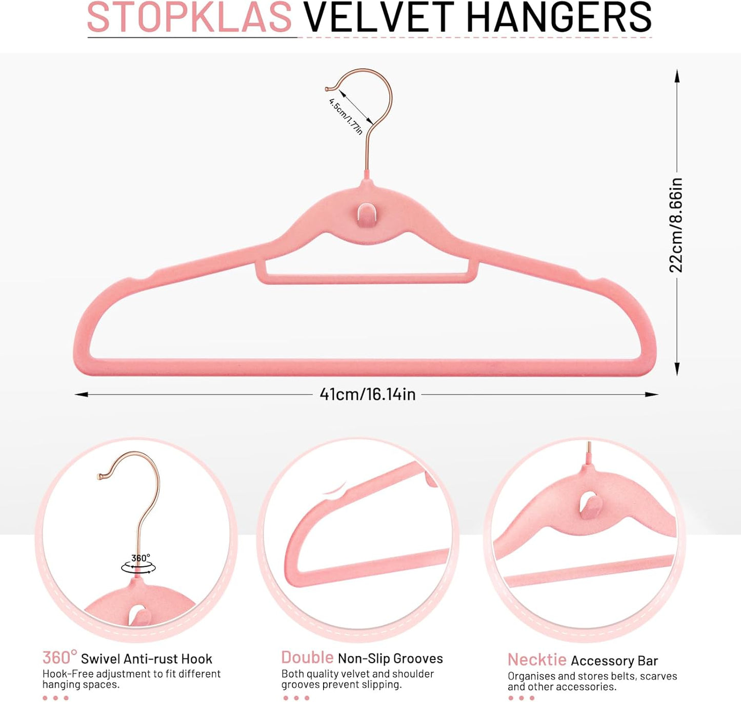 Velvet Stackable Hangers 30 Pack, STOPKLAS Pink Clothes Hangers Non Slip Felt Hangers with 360° Swivel Hook, Thin Hanger Space Saving, Heavy Duty Closet Hanger for Clothes, Coats, Suits, Dress, Pants