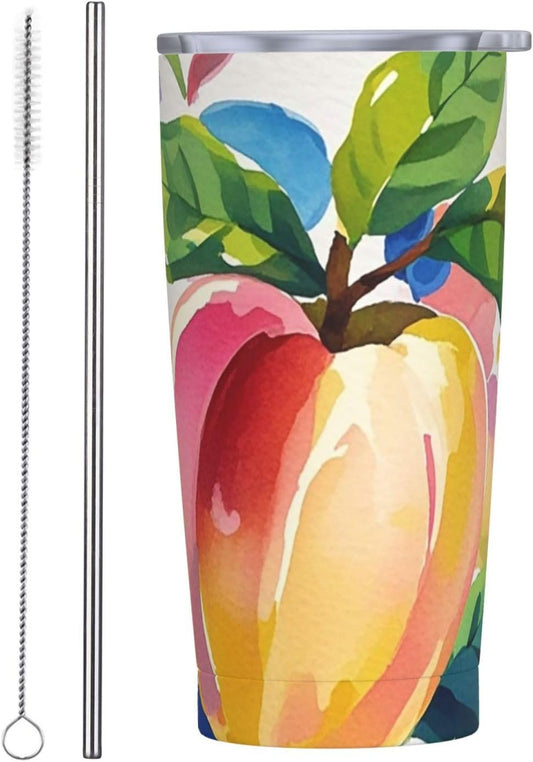 Colorful Peach Watercolor 20oz Tumbler Stainless Steel Insulated Travel Tumblers Leakproof Travel Coffee Mug With Lid And Straw Water Bottle Drink Tumbler Cups Gifts For Women Men Lovers