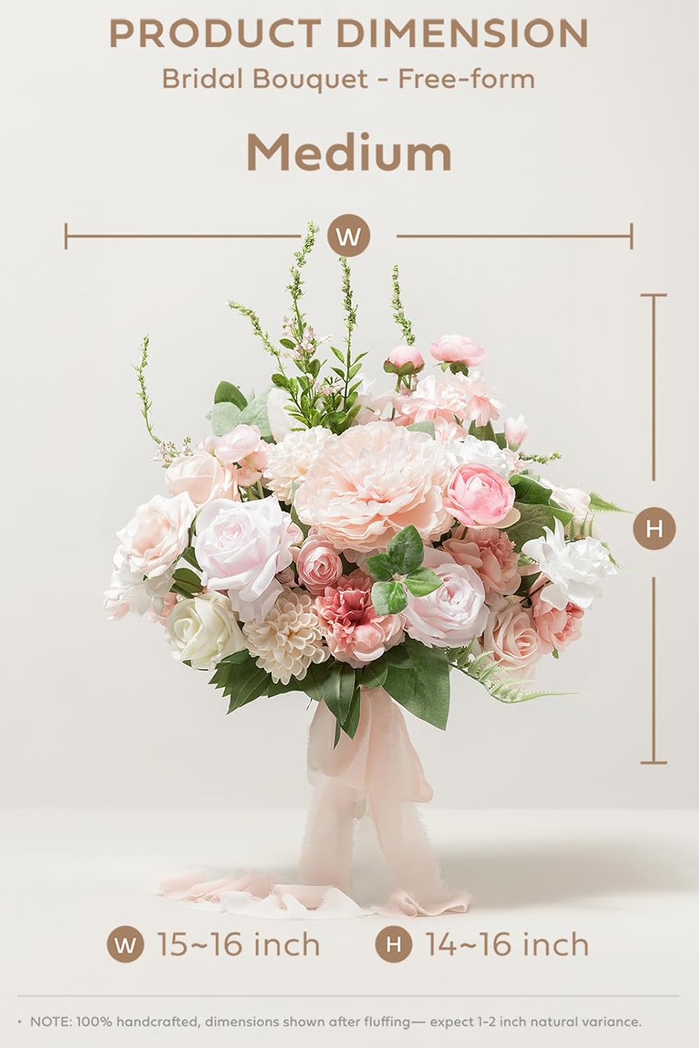 Ling's moment Blush Pink Wedding Bouquets for Bride, Blush and Cream Bridal Bouquets for Bride, 15 Inch Free Form Artificial Wedding Flower Bouquet