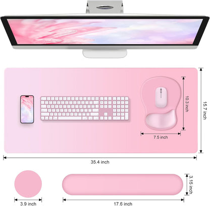 4-in-1 Large Gaming Mouse Pad, Keyboard Wrist Rest Pad & Wrist Support Mousepad Set, Extended Desk Pad Waterproof Desk Mat for Girl Women Home Office Decor Study Game 35.4×15.7 Inches I Soft Pink