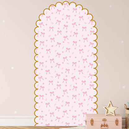 Leinuosen Pink Bow Arch Wall Decals Peel and Stick 58 x 30 Inch Large Bow Wallpaper Wall Decal Room Decor with Golden Scallop Frame Coquette Headboard Stickers for Nursery Bedroom Living Room