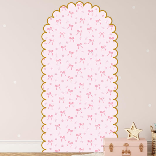 Leinuosen Pink Bow Arch Wall Decals Peel and Stick 58 x 30 Inch Large Bow Wallpaper Wall Decal Room Decor with Golden Scallop Frame Coquette Headboard Stickers for Nursery Bedroom Living Room