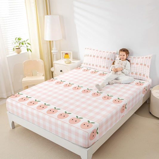 Peach Print Fitted Sheet Queen Size,Pink White Checkered Bedding Sets 3Pcs for Girls Boys Adult Room Decor,Cartoon Fruit Bed Sheets Sweet Kawaii Deep Pocket Sheet,2 Pillowcases