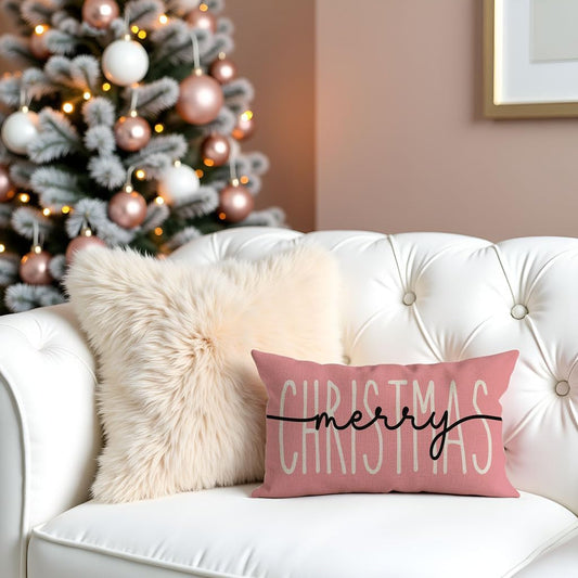 PANDICORN Christmas Throw Pillow Cover 12x20 – Blush Pink Christmas Decor for Girls Room, Xmas Holiday Lumbar Decorative Cushion Case Decoration for Bedroom or Sofa Couch