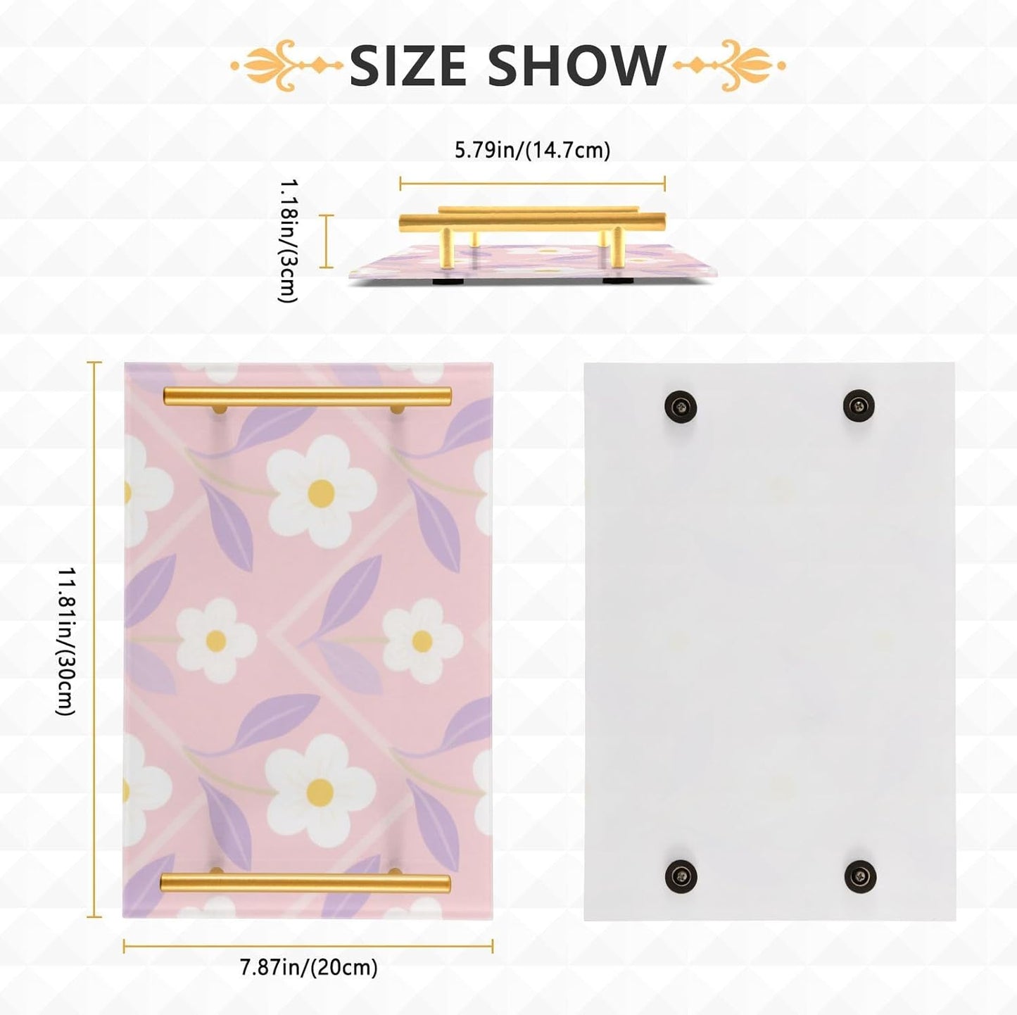 Light Pink White Flower Decorative Kitchen Trays with Handles Large Serving Tray for Jewelry Perfume for Living Room Entryway Bedroom