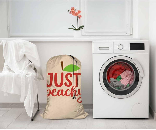 Swono Peach Heavy Duty Large Laundry Bags 1 Pack 28 x 40 inch Just Peachy Quote Word Hand Lettering Leaf Fruit XL Drawstring Travel Organizer Bag Fit Hamper Basket Camp Home College Dorm Tear