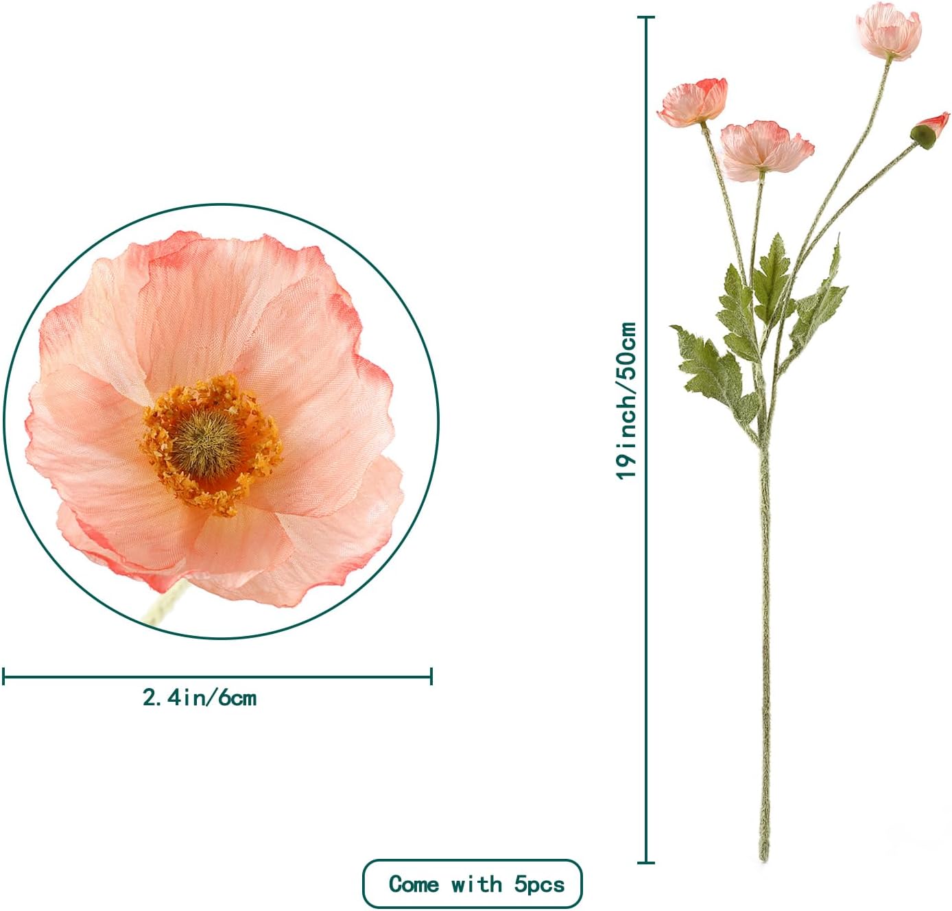 Artificial Poppy Flowers, 5 Bundles Faux Poppies with Stems for Floral Arrangements - Wedding, Home, Office, Party Table Centerpiece Decor (Pink)